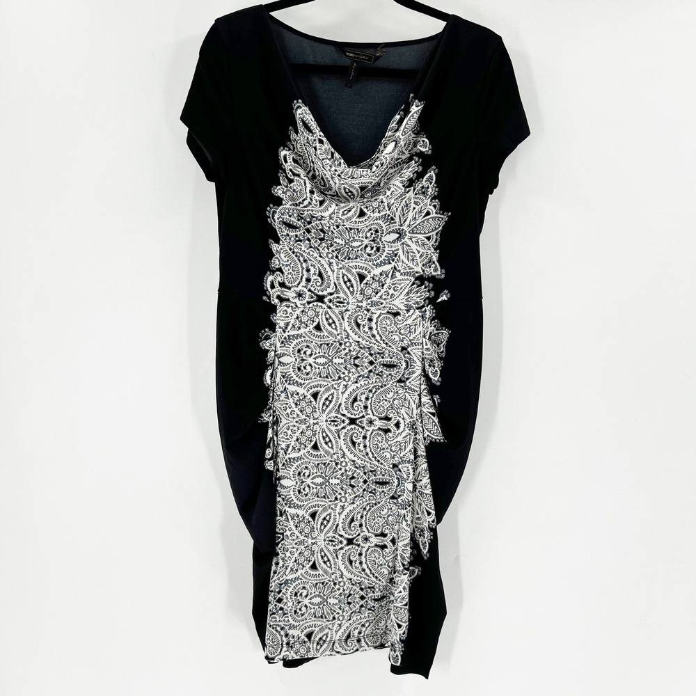 BCBGMAXAZRIA Dimitra Dress Women Large‎ Black Good Paisley Cowl Neck Sheath